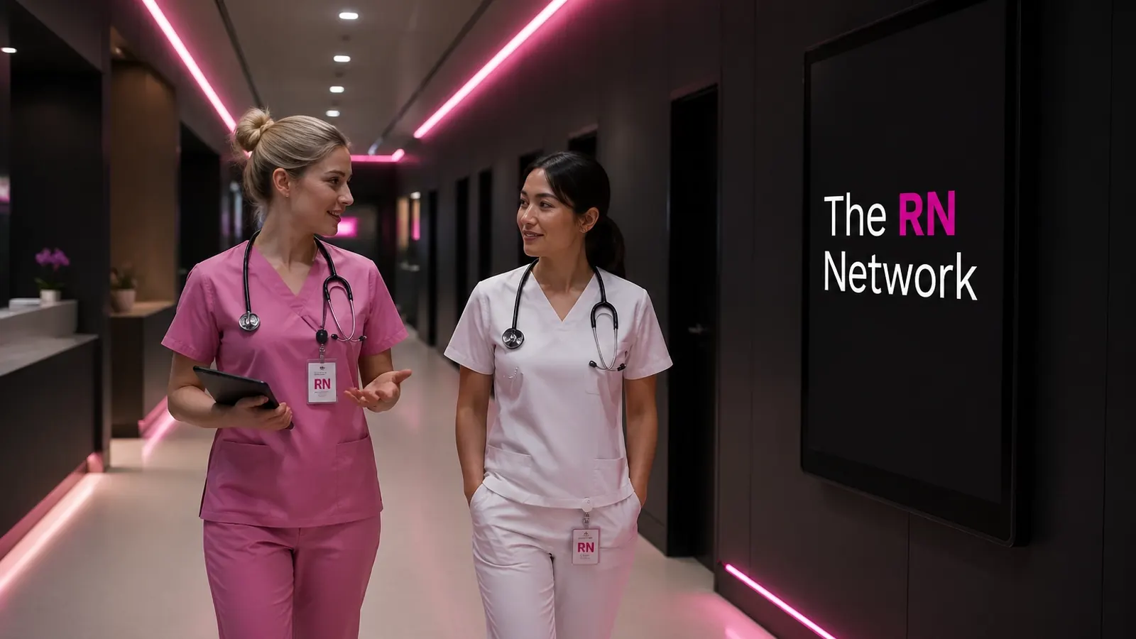 Two nurses walking down a pink-lit corridor