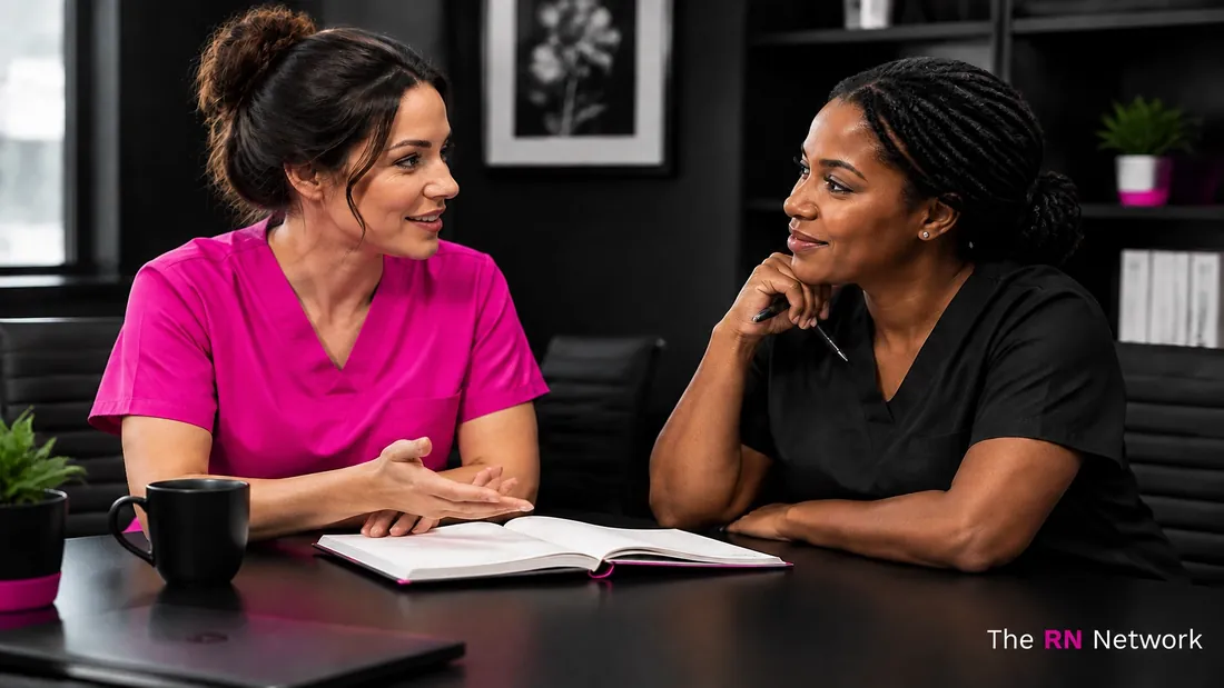 A nurse career advisor meeting with a registered nurse to discuss employer representation