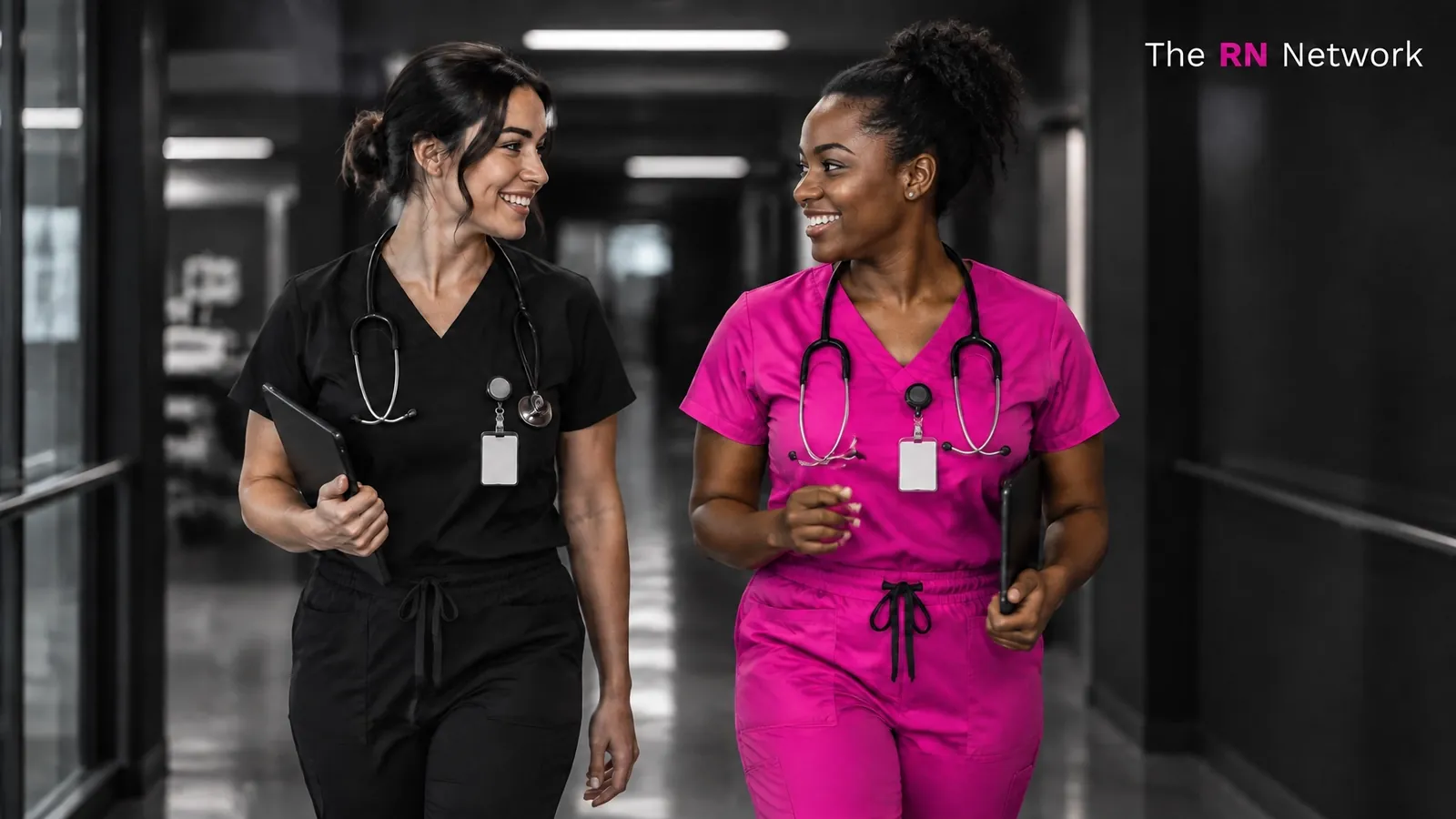 Two registered nurses walking a hospital corridor together