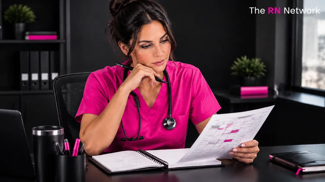 A registered nurse reviewing a nursing job offer and pay details at her desk