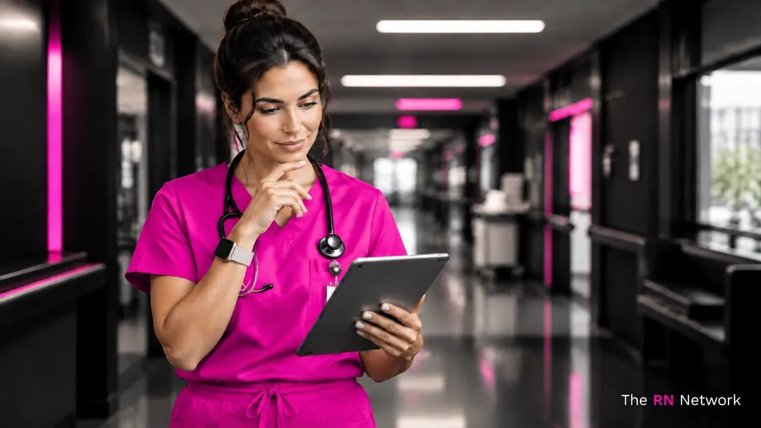 A registered nurse checking nursing job match alerts on a tablet in a hospital corridor